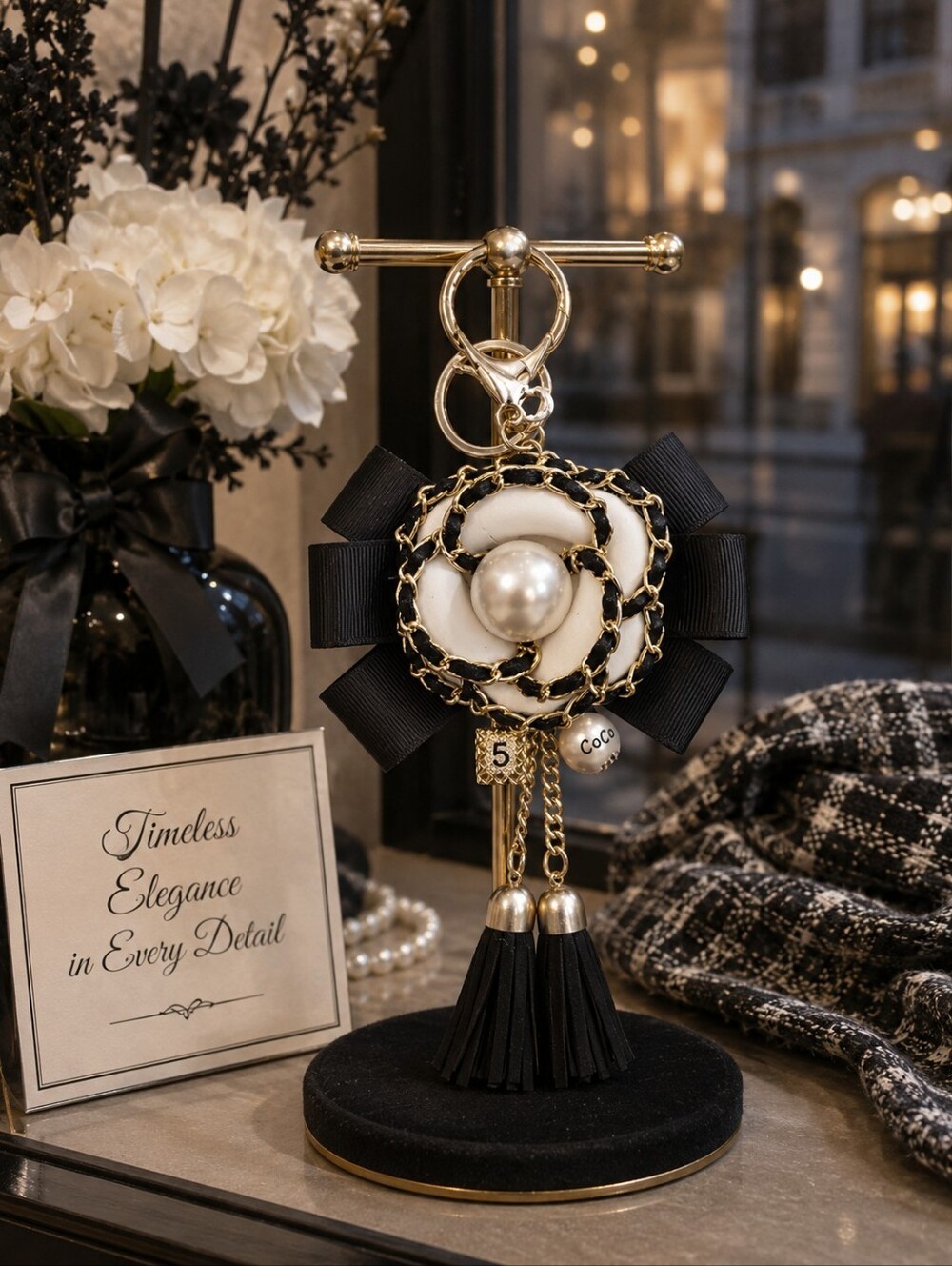 Black & White Camellia Key Charm with Tassels